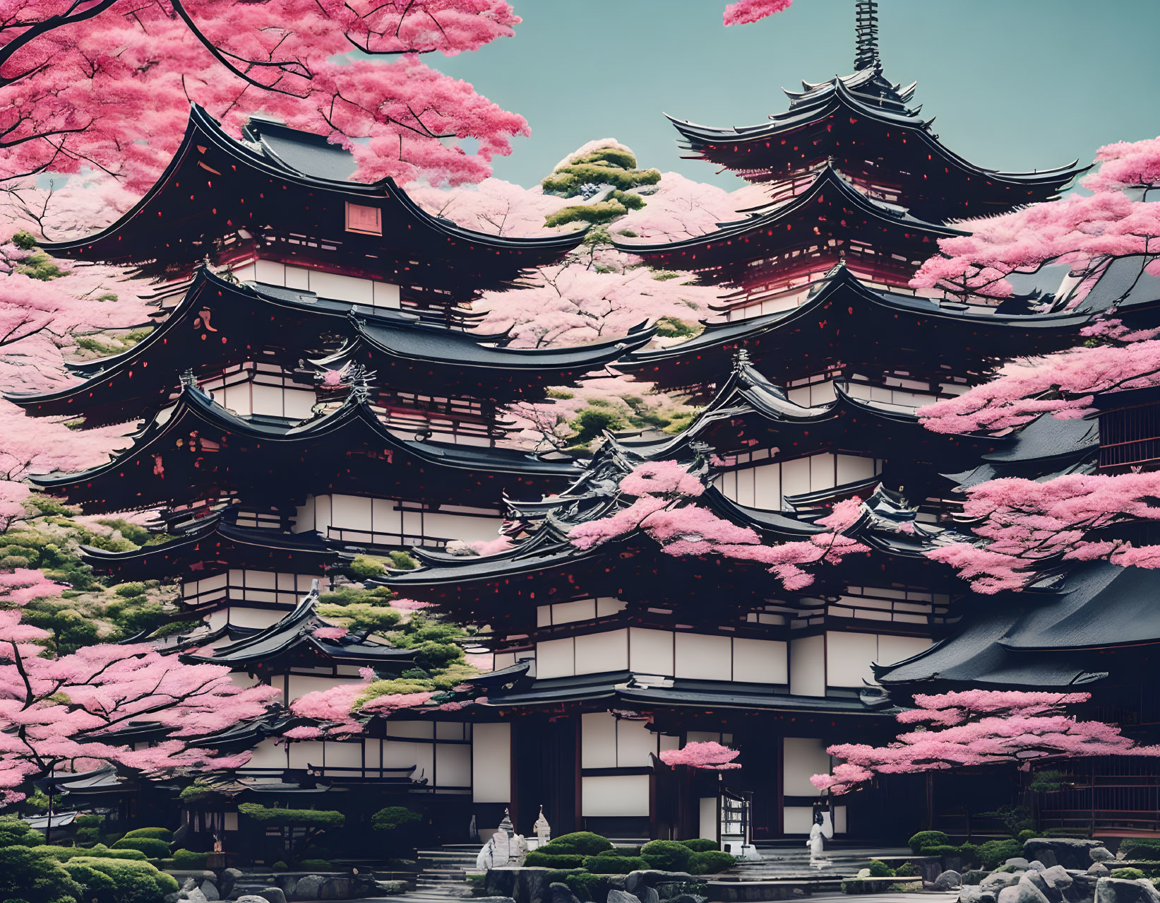 Japanese Pagoda with Pink Cherry Blossoms in Clear Sky