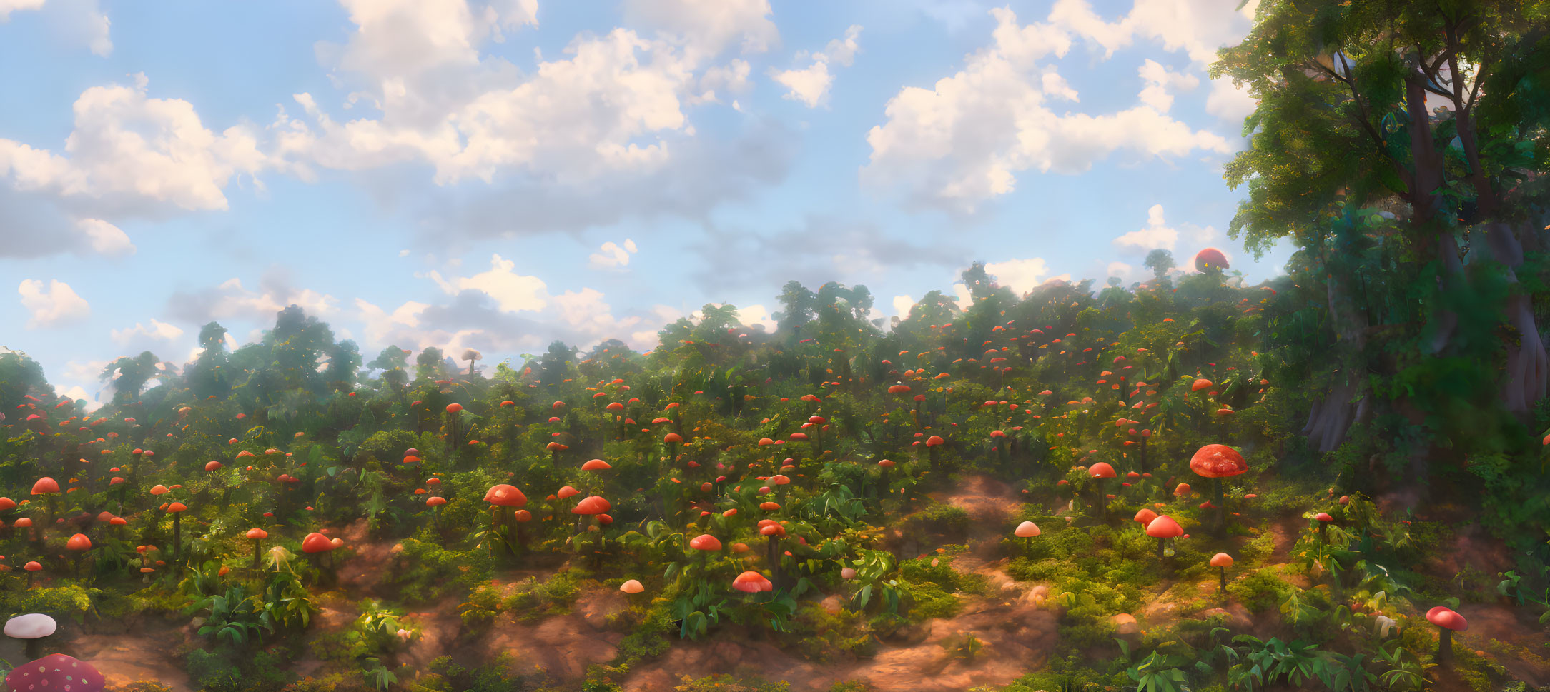 Colorful forest clearing with oversized red-capped mushrooms under fluffy cloud sky