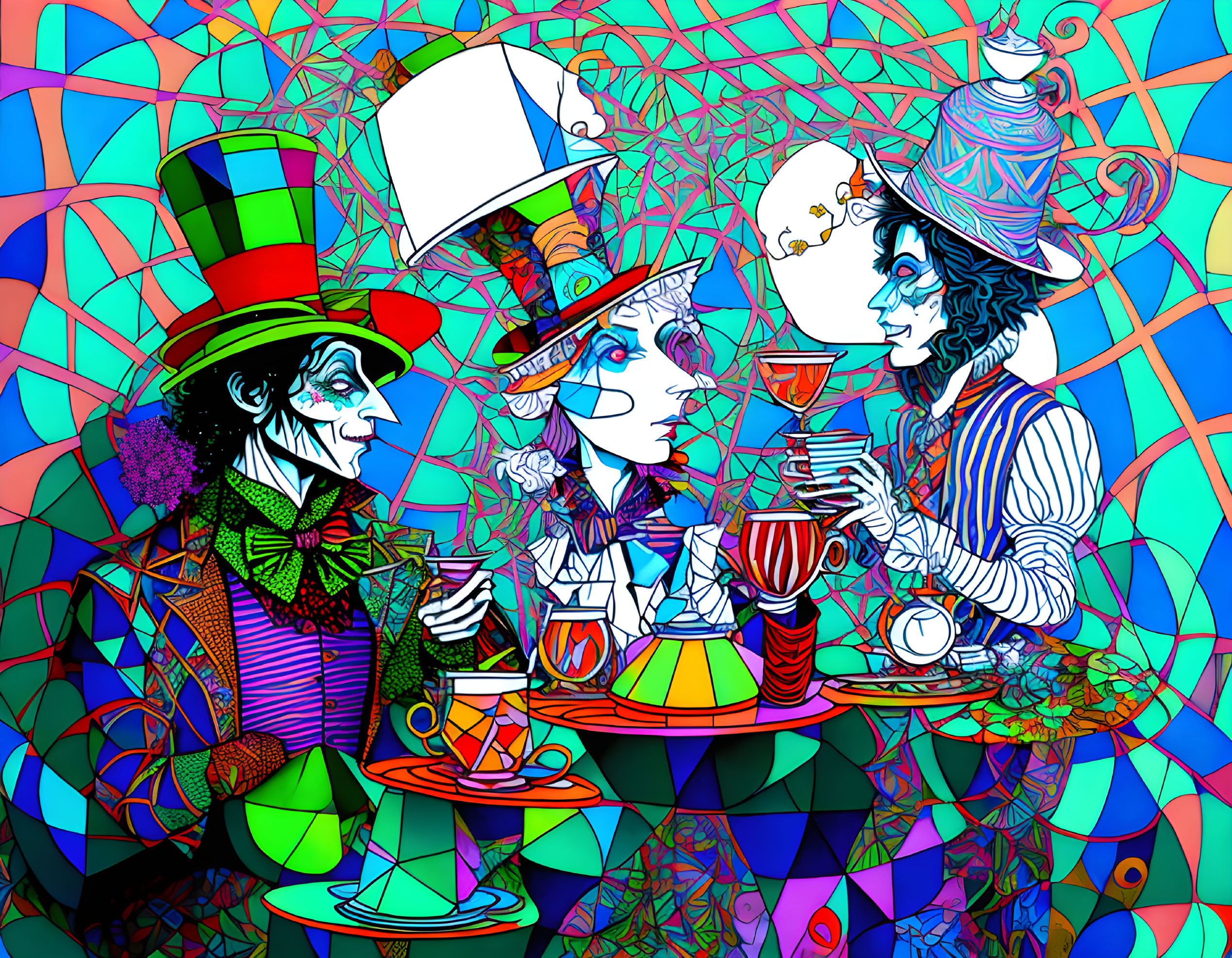 Whimsical characters at vibrant tea party illustration