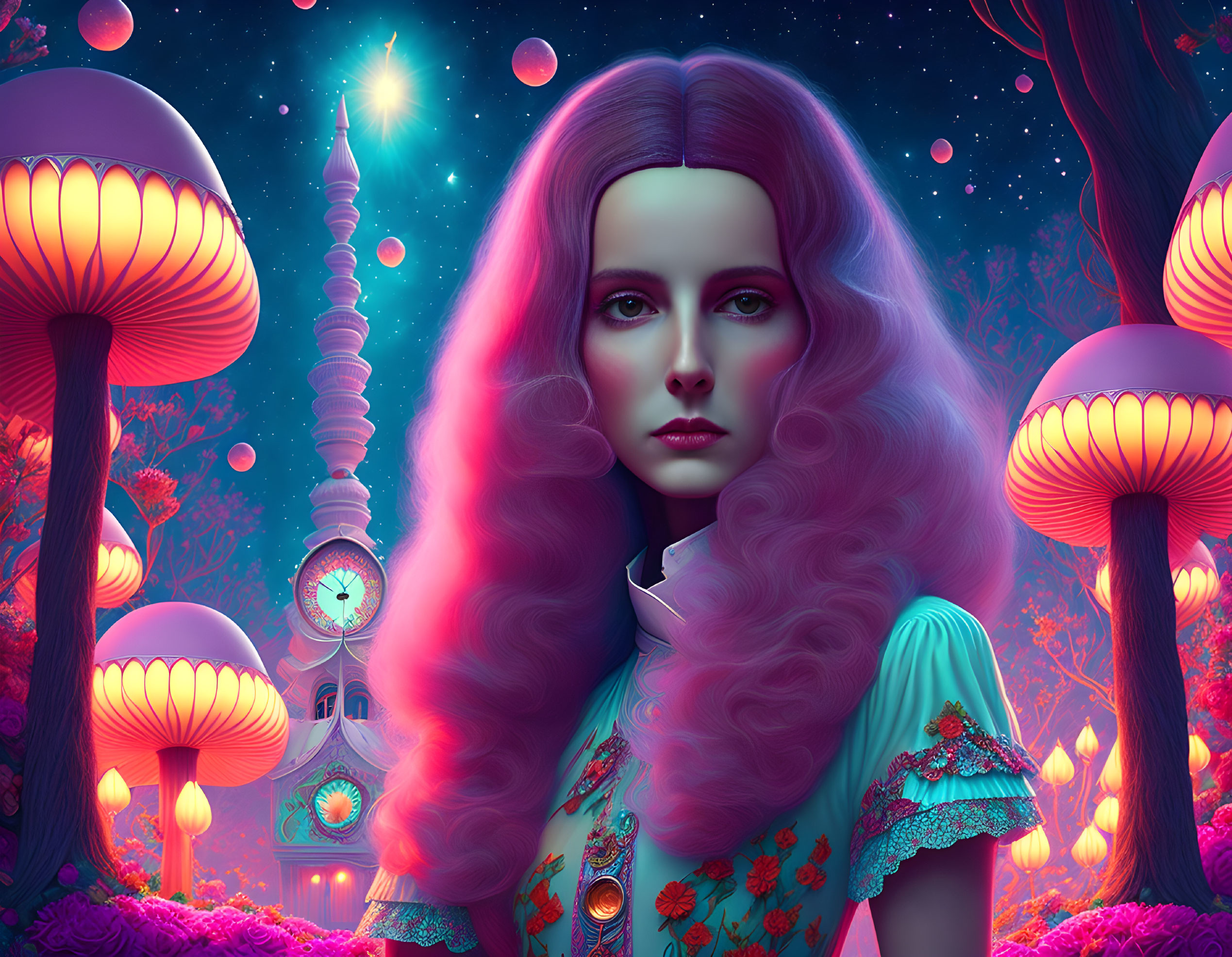 Vivid portrait: woman with pink hair in whimsical landscape