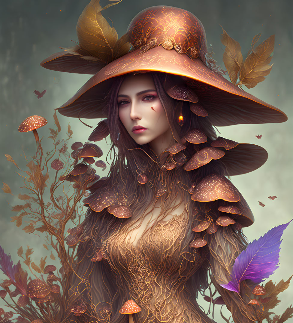 Mystical woman with ornate mushroom hat in forest setting