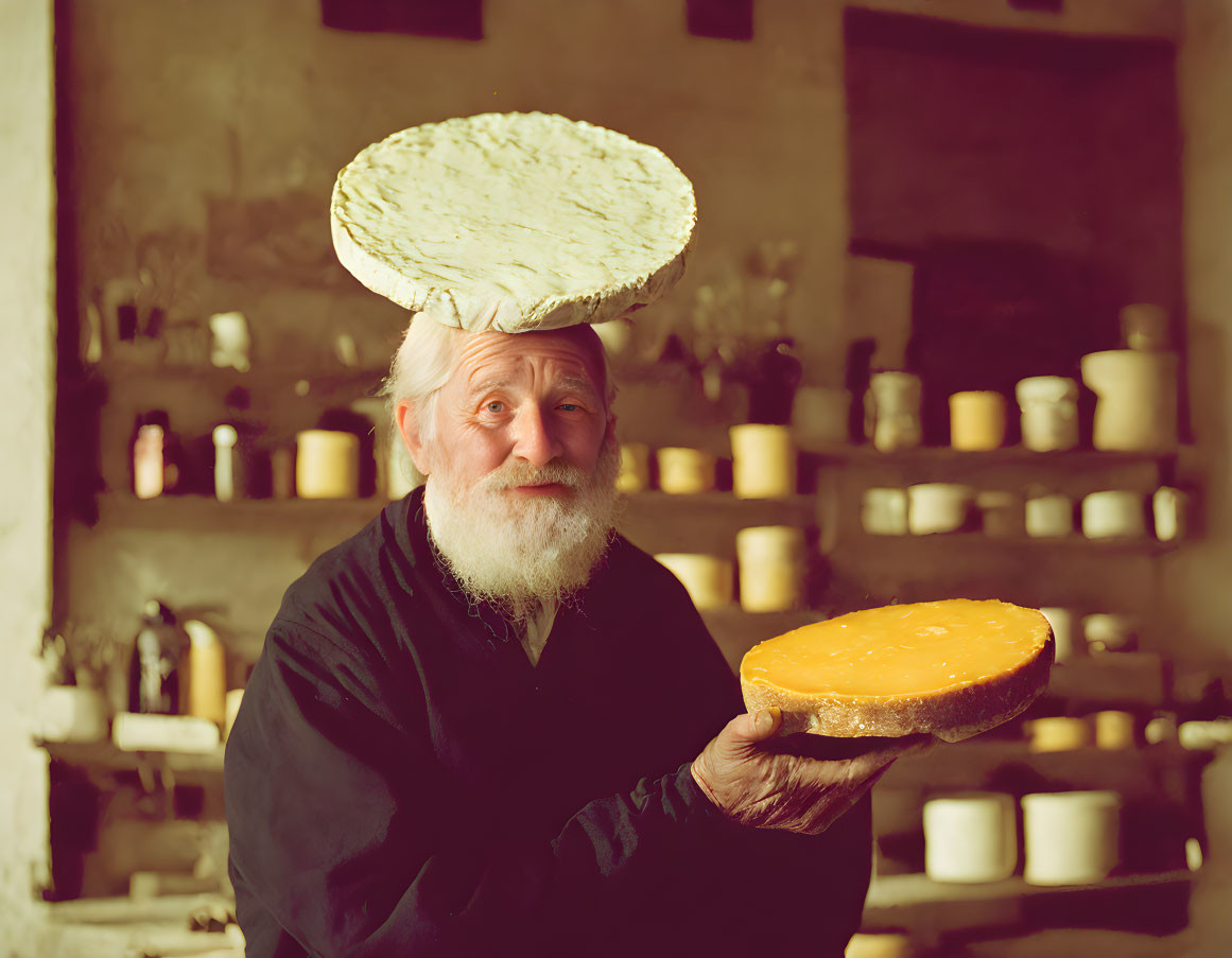 Elderly man smiling with cheese on head in rustic cheese room