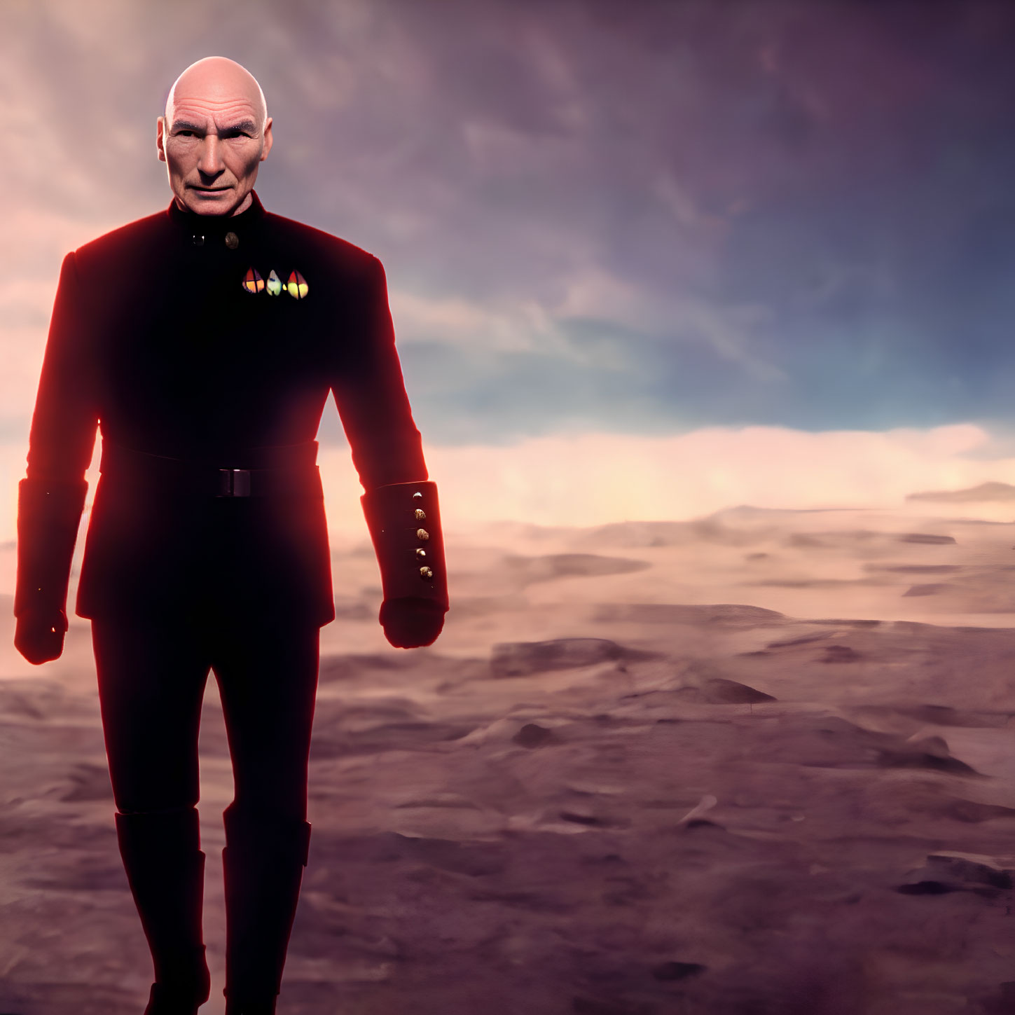 Digital rendering: Bald man in red military uniform on barren landscape