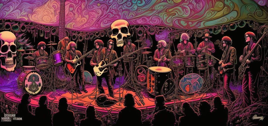 Colorful psychedelic band illustration with multiple members and skulls.