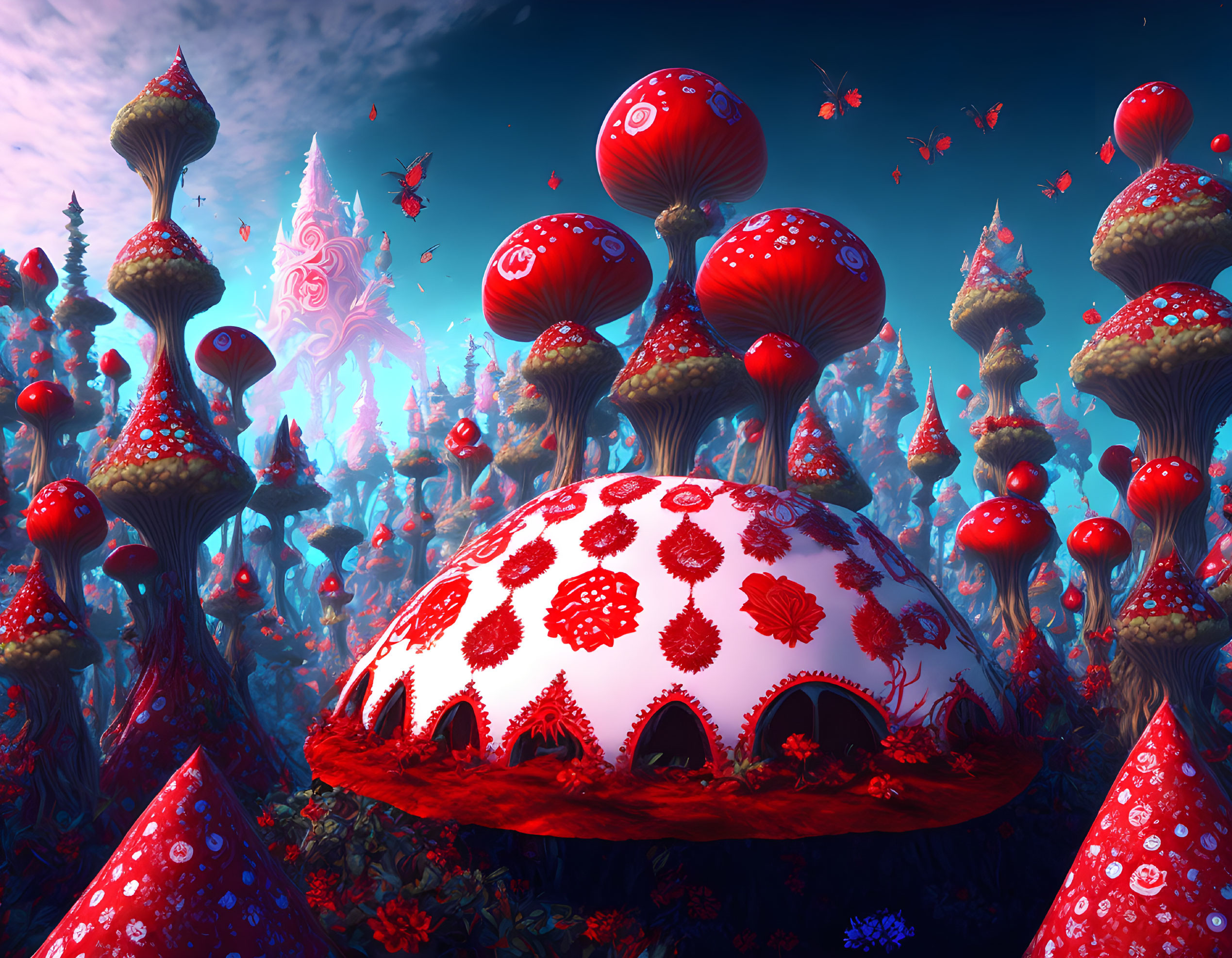 Fantasy landscape with oversized red and white mushrooms under blue sky