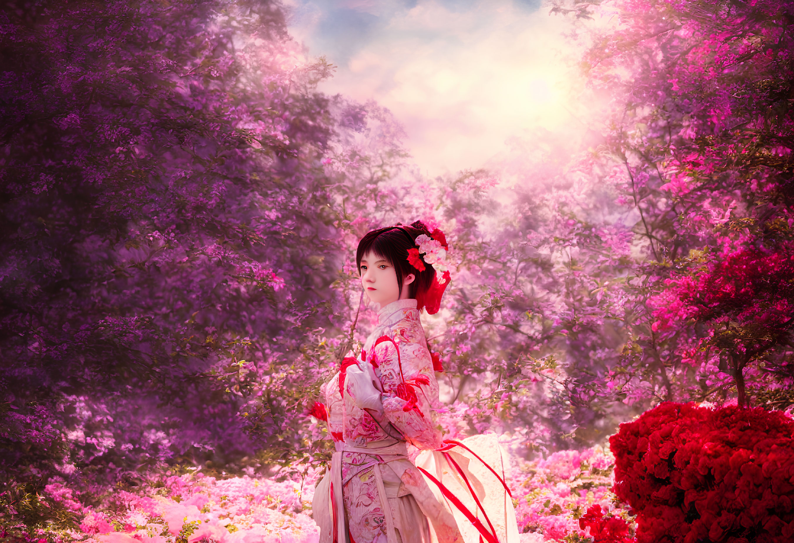 Person in traditional Asian attire surrounded by vibrant pink and purple flowering trees