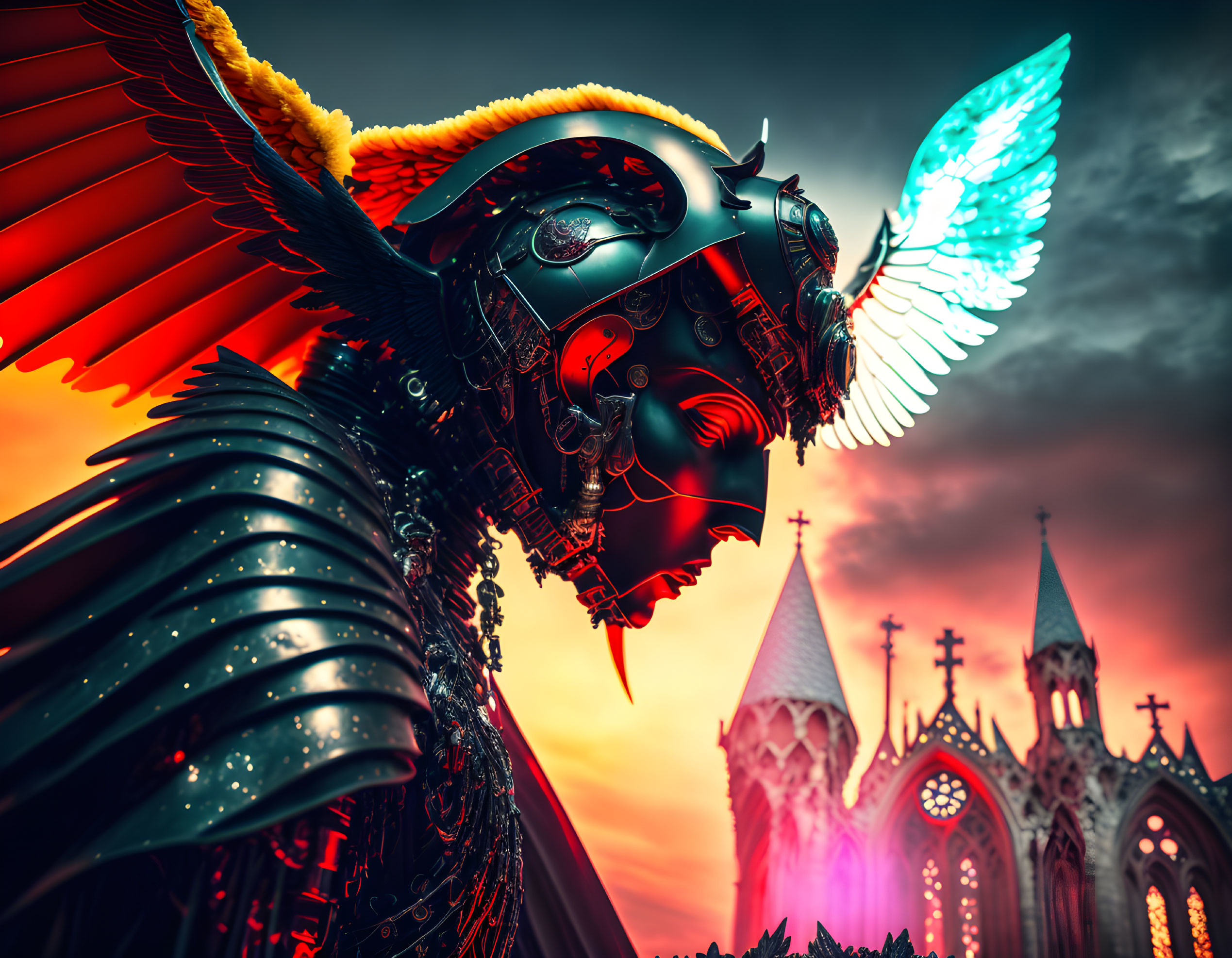 Futuristic angelic figure with mechanical features and orange/blue wings against dramatic sky and gothic church