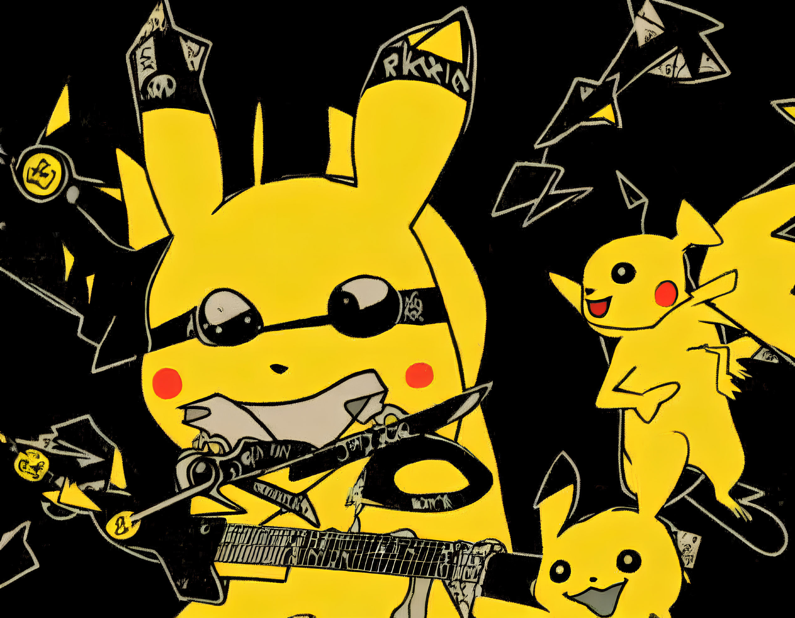 Multiple Pikachu characters in stylized illustration with one wearing glasses and playing guitar on chaotic black background.