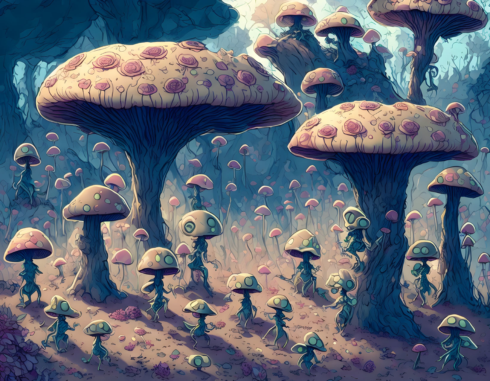 Illustration: Whimsical forest with mushroom trees and creatures