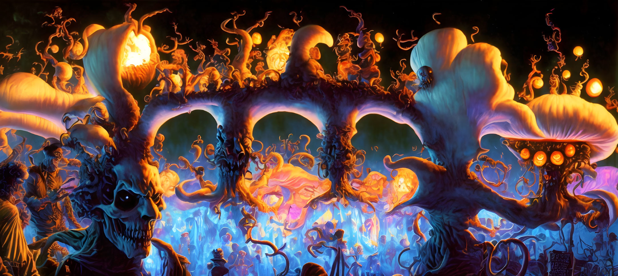 Surreal art: Skull figure surrounded by flame-topped mushrooms