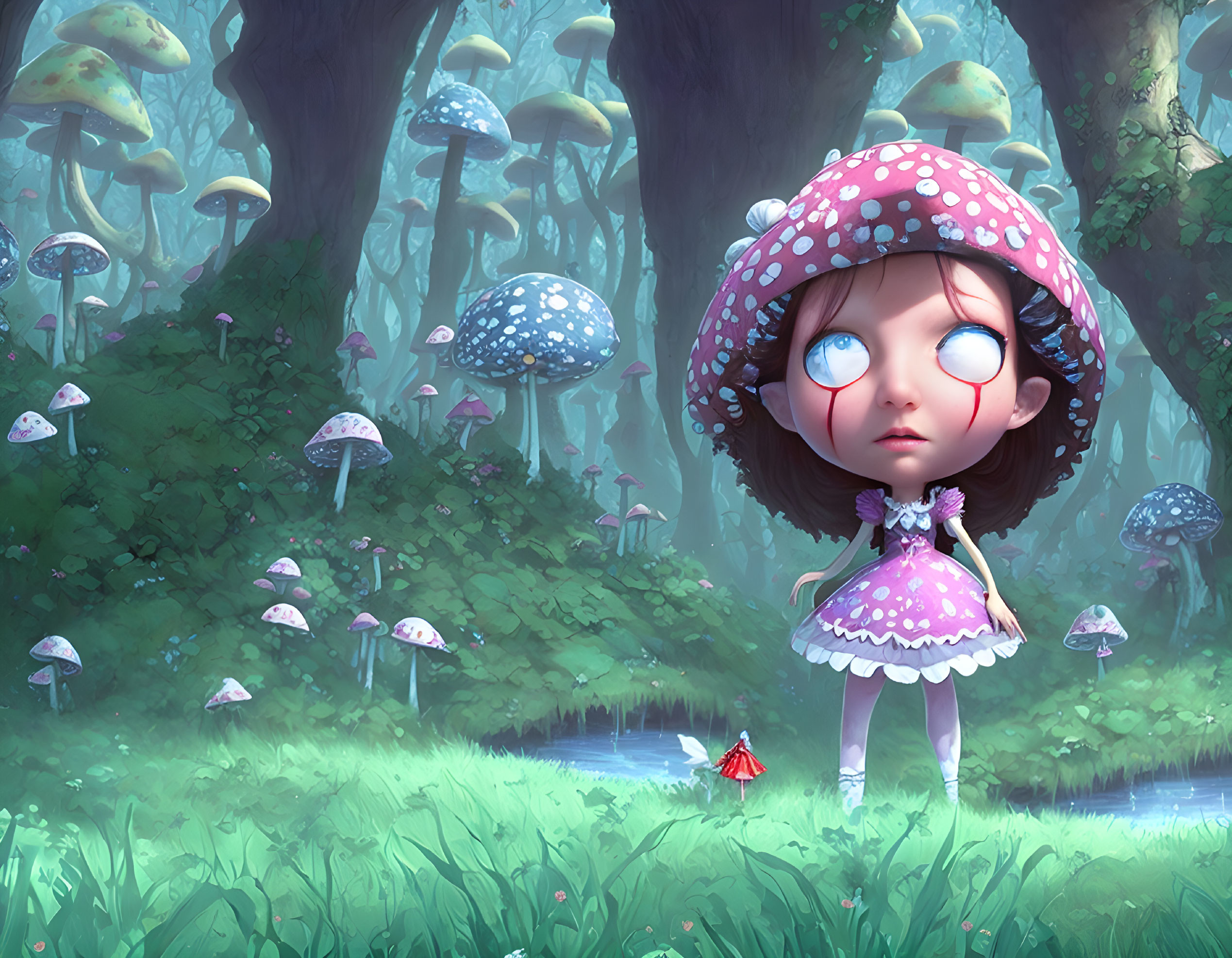 Stylized illustration of a girl with large eyes in mystical forest