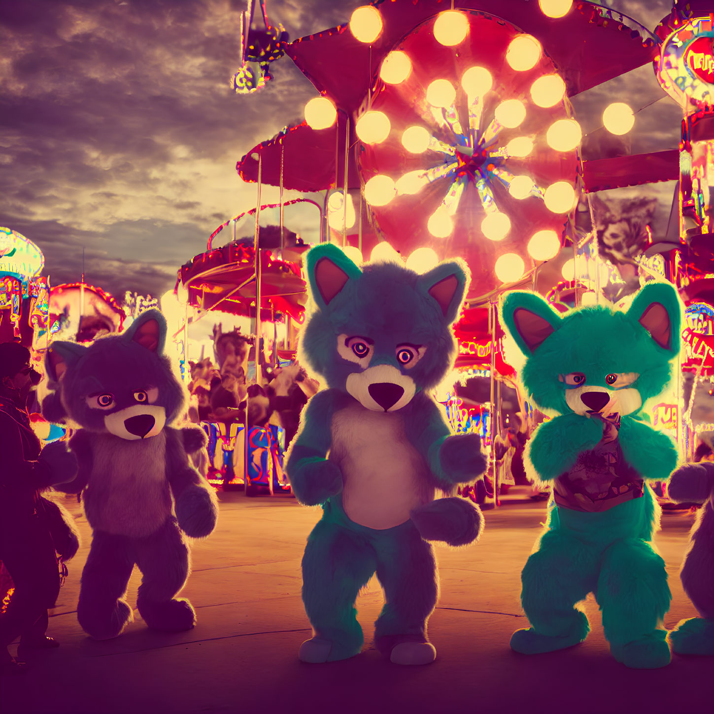 People in furry costumes at carnival with lit Ferris wheel at twilight