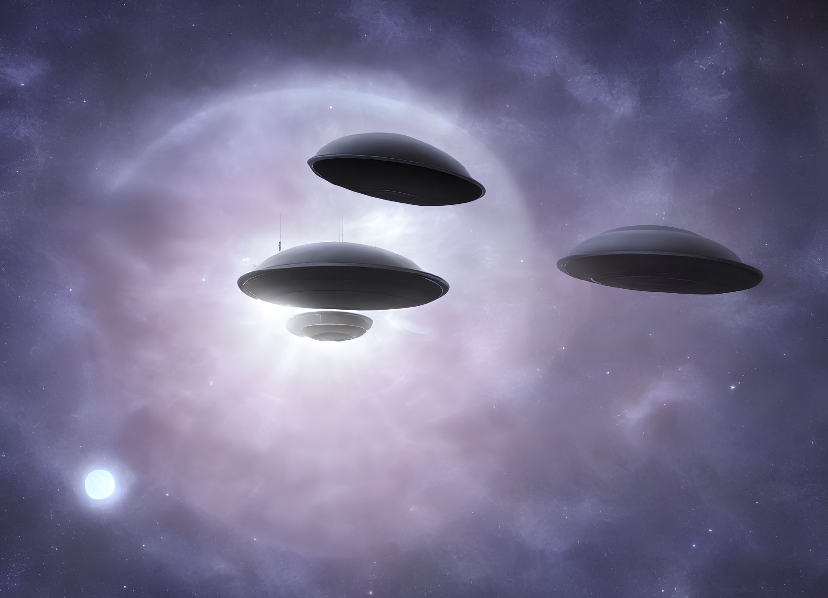 Three Flying Saucers in Starry Sky with Nebula and Celestial Body