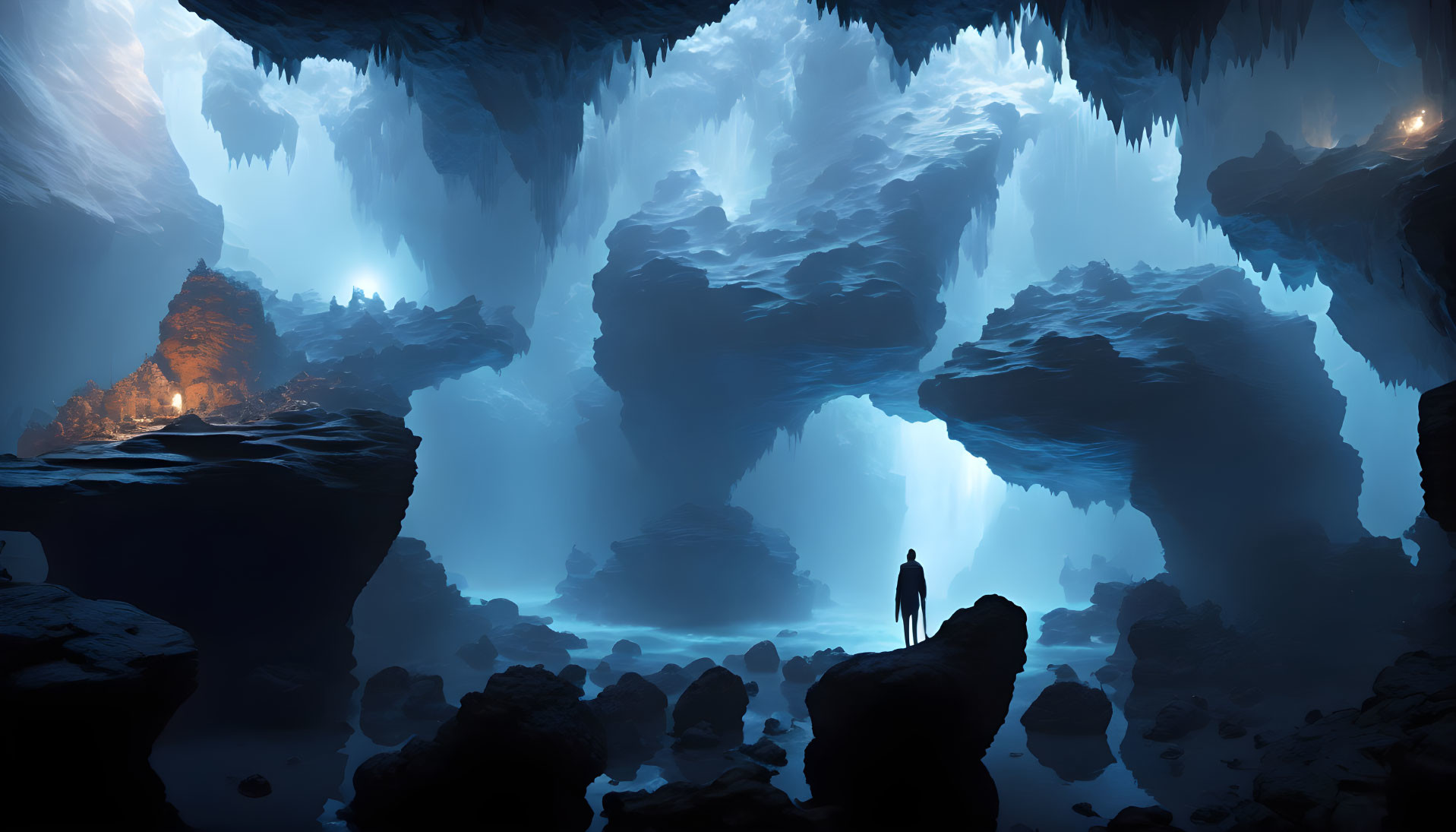 Ice-covered cave with hanging icicles and blue glow