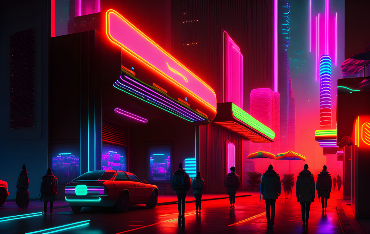 Futuristic cyberpunk cityscape at night with neon lights