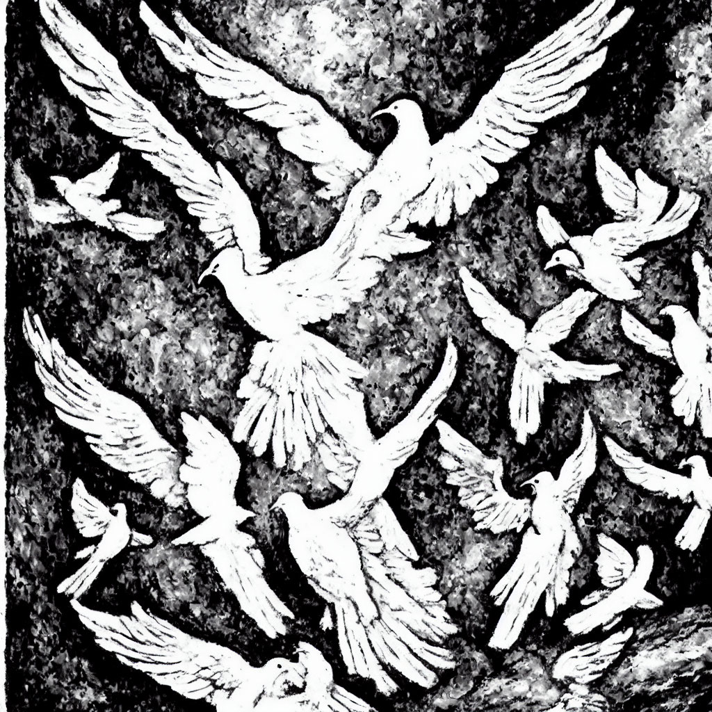 Monochrome artwork featuring flying doves on textured backdrop