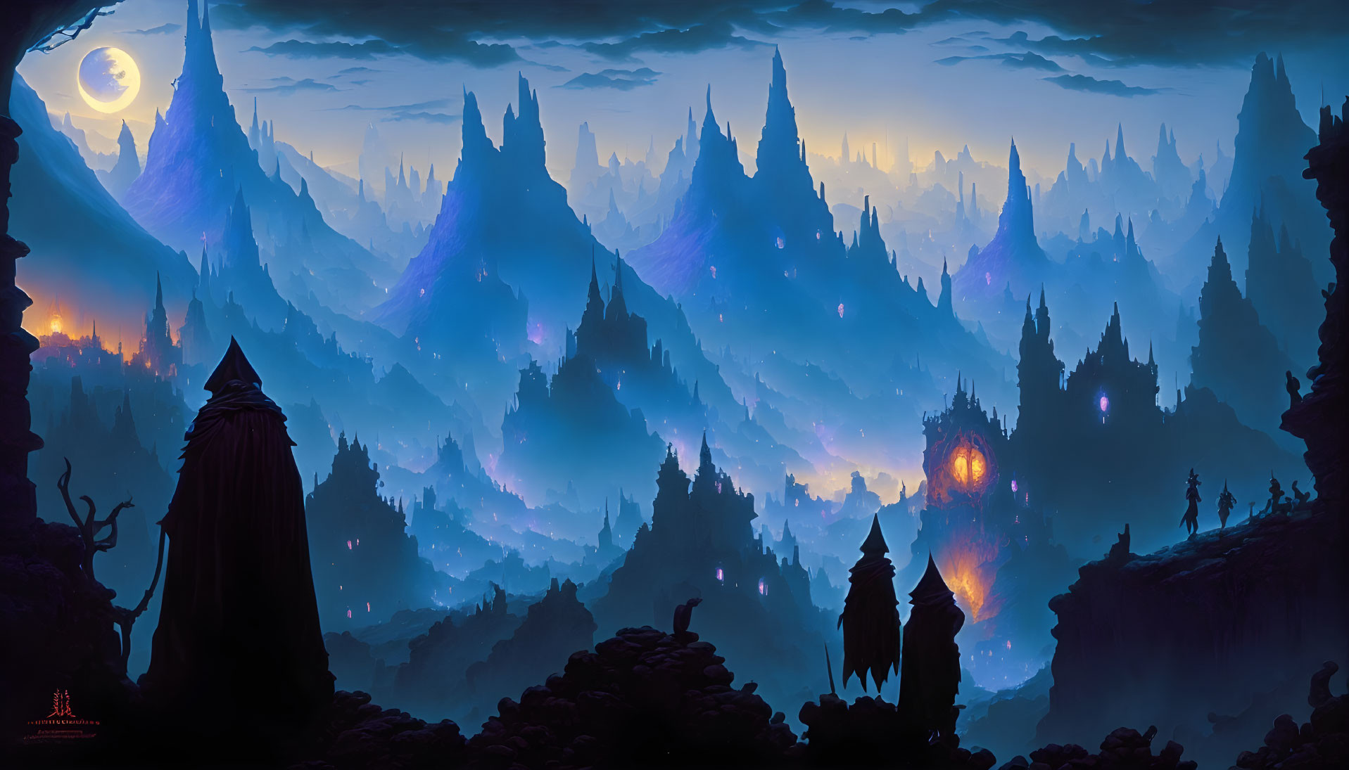 Mystical landscape with silhouetted figures and glowing artifact