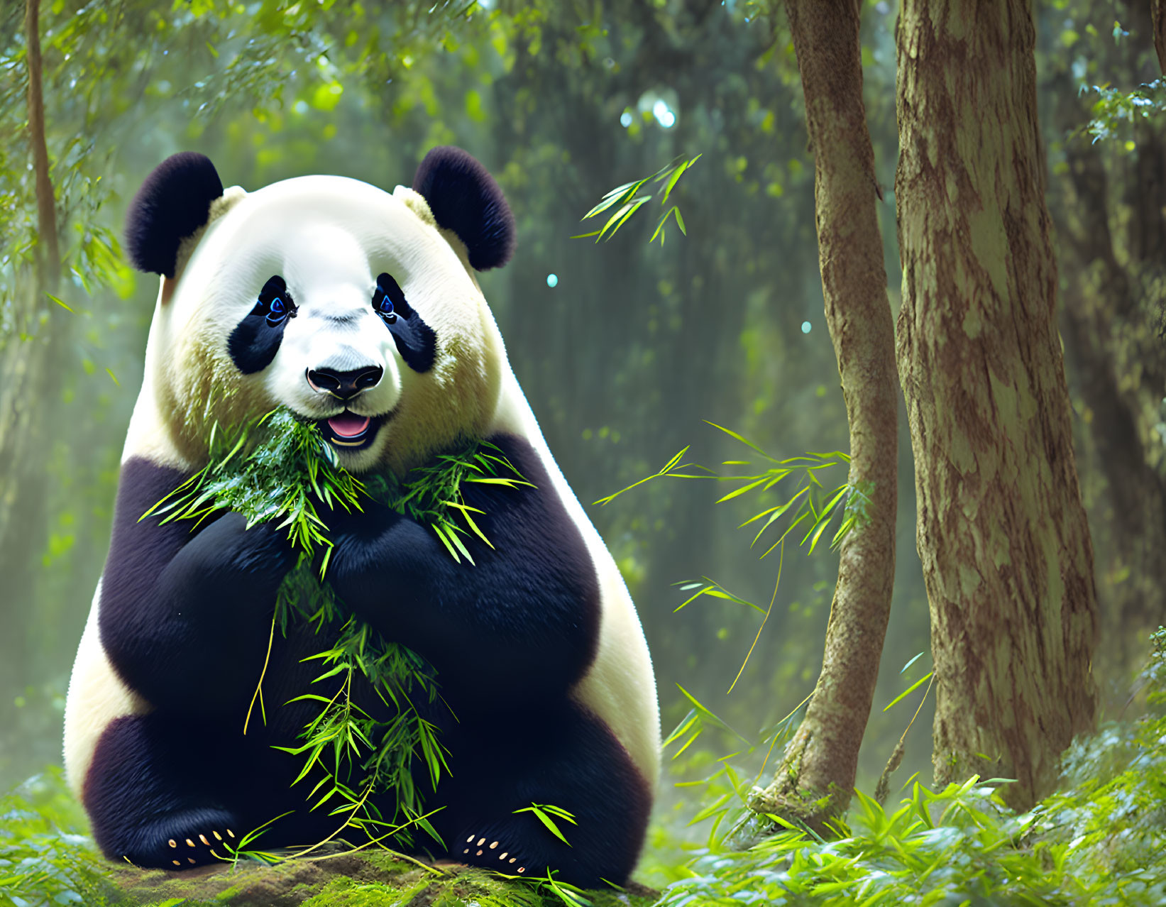 Giant panda peacefully eating bamboo in forest landscape