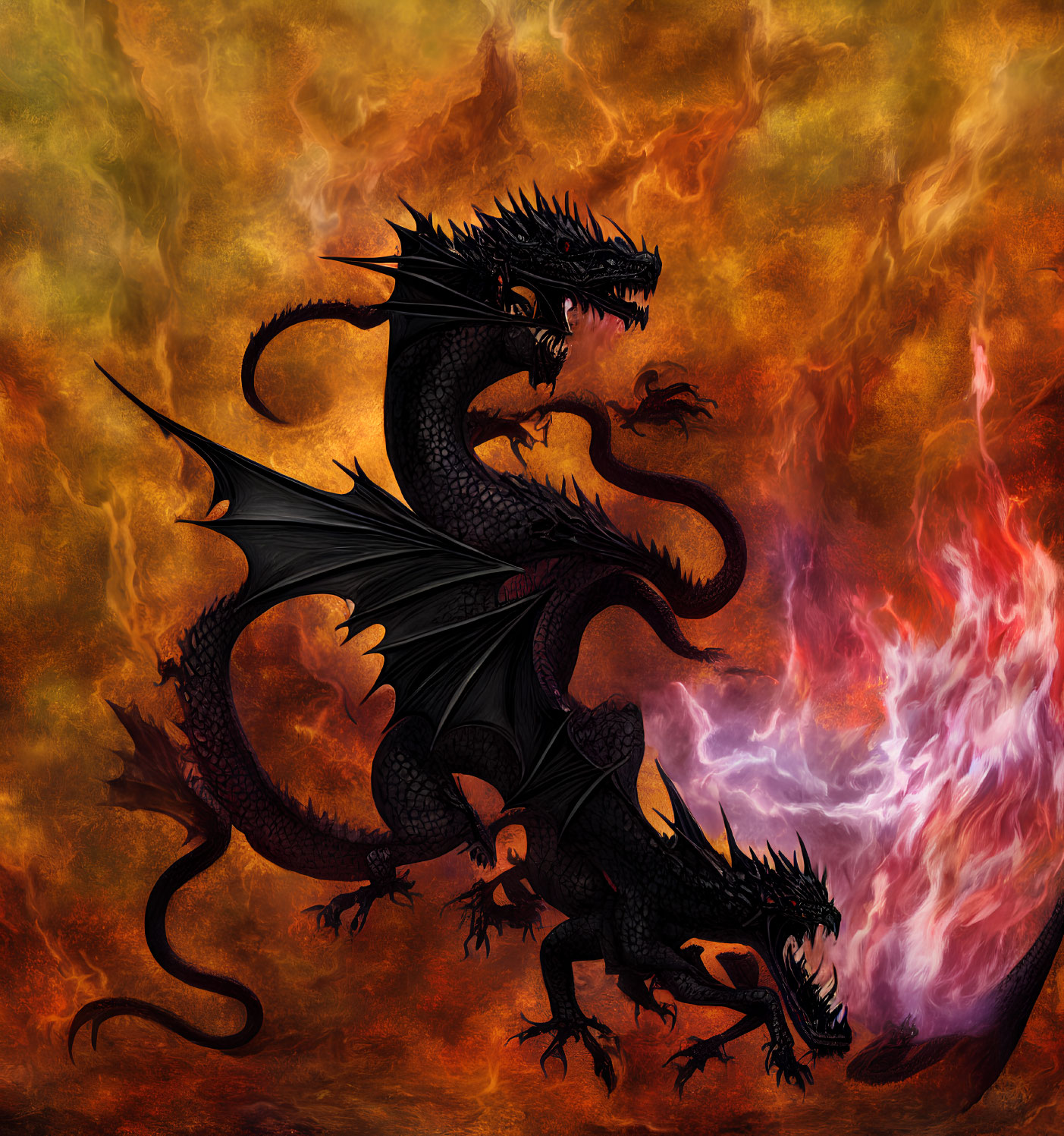 Black Two-Headed Dragon with Spikes, Wings, and Flames