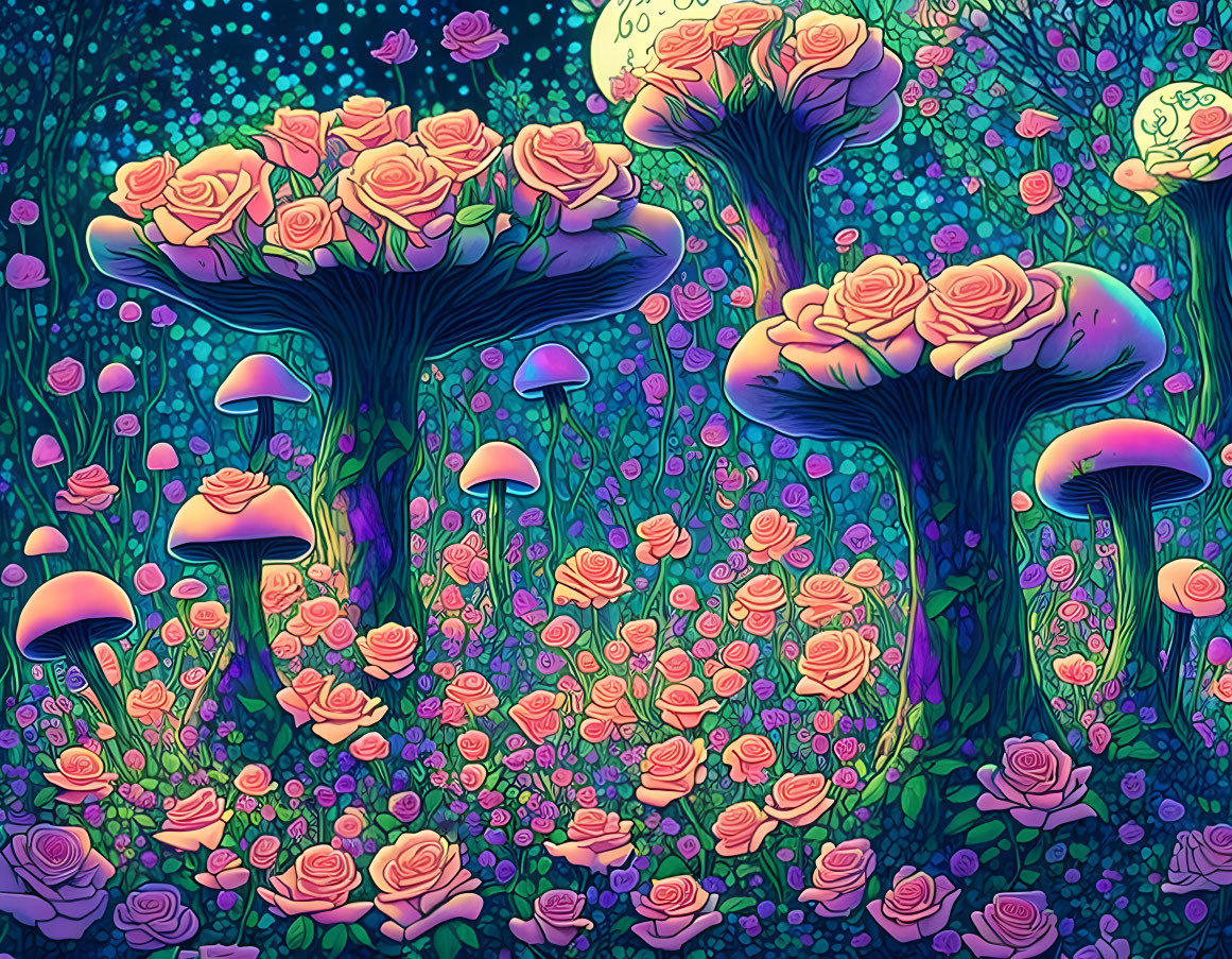 Fantasy illustration: Enchanted garden with oversized mushrooms and pink roses