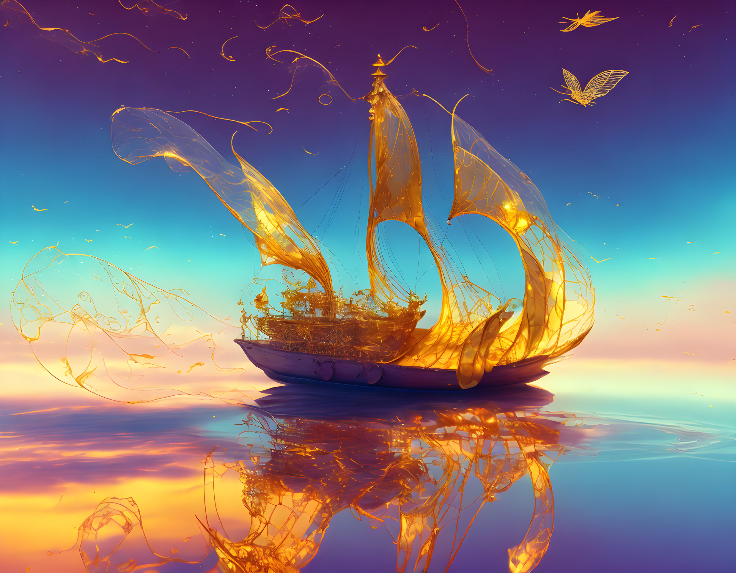 Mystical ship with glowing sails on reflective waters at sunset