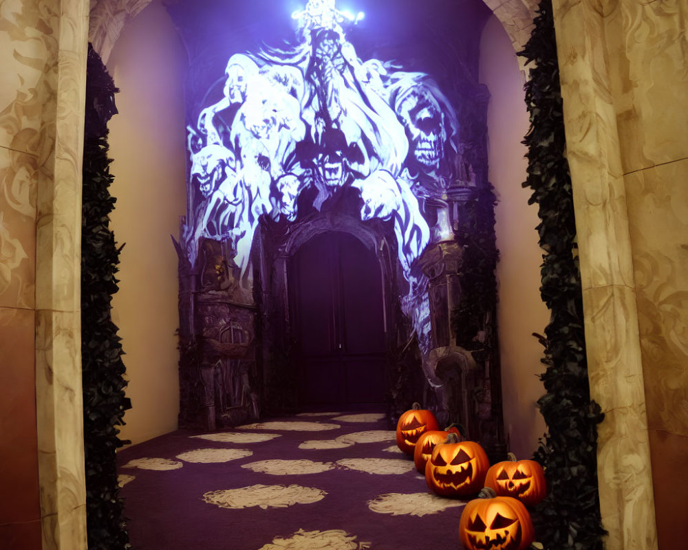 Eerie hallway with ghostly mural, purple light, jack-o'-lanterns, dark door