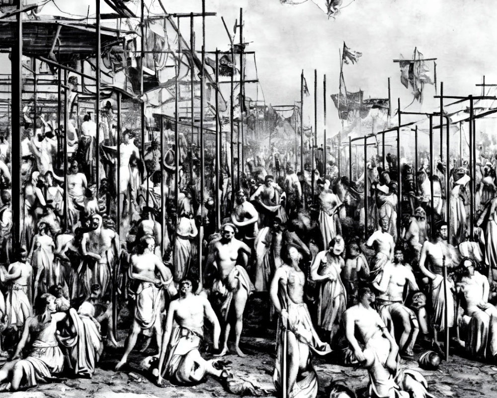 Detailed black-and-white historical scene with bustling figures and scaffolding.