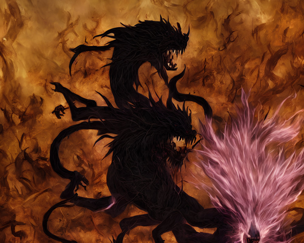 Black multi-limbed creature with open maw and fiery background