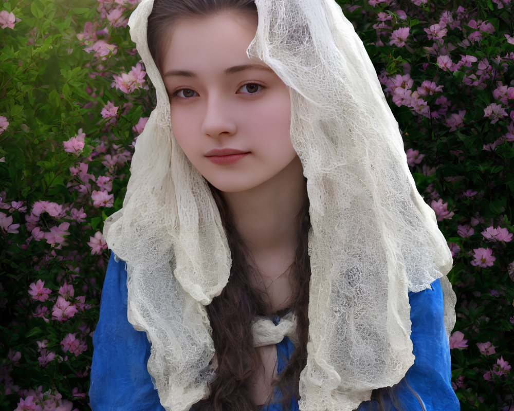 Woman in Blue Dress with Lace Veil and Pink Flower Backdrop