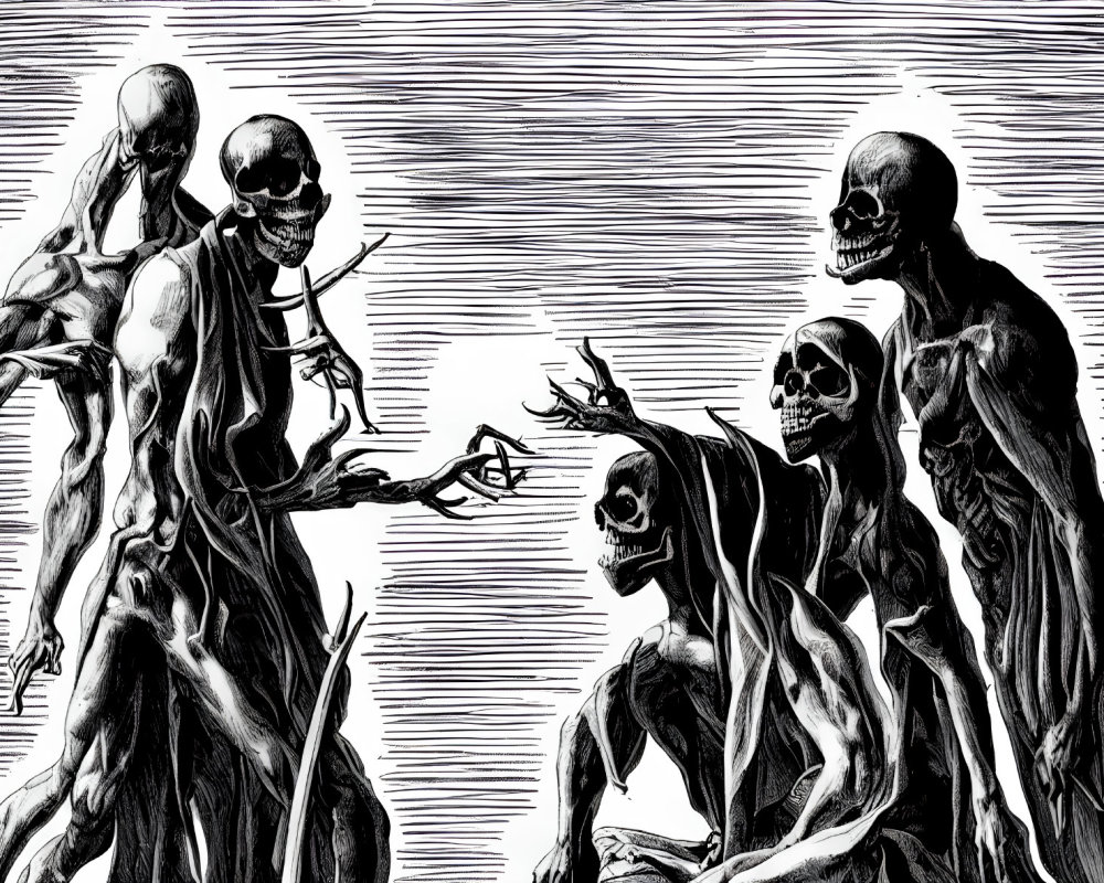 Four skeletal figures with dramatic gestures against shaded background.