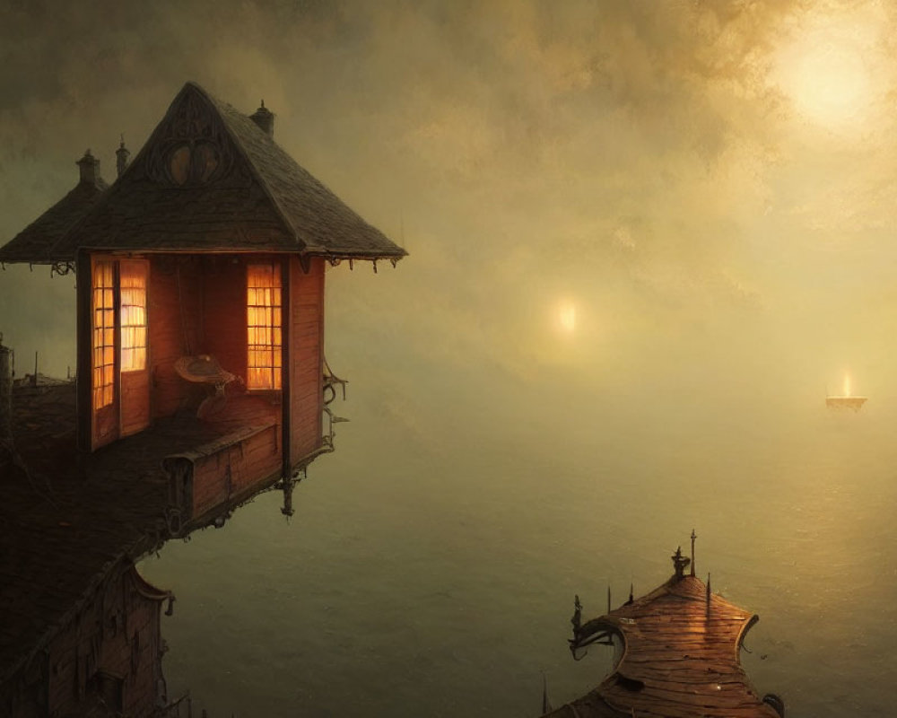 Illuminated Cottage on Stilts Over Water in Misty Golden Ambiance