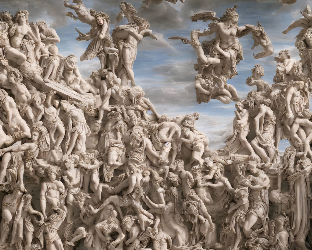 High-relief sculpture of classical mythology figures in dynamic poses against cloudy sky