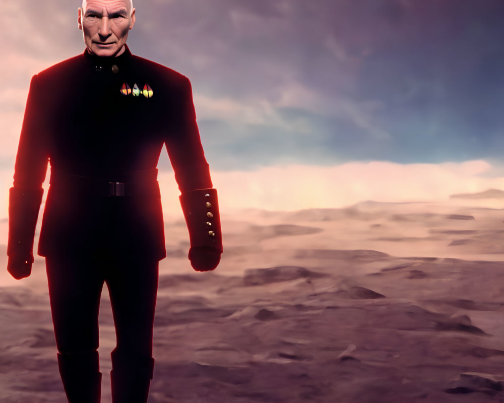 Digital rendering: Bald man in red military uniform on barren landscape