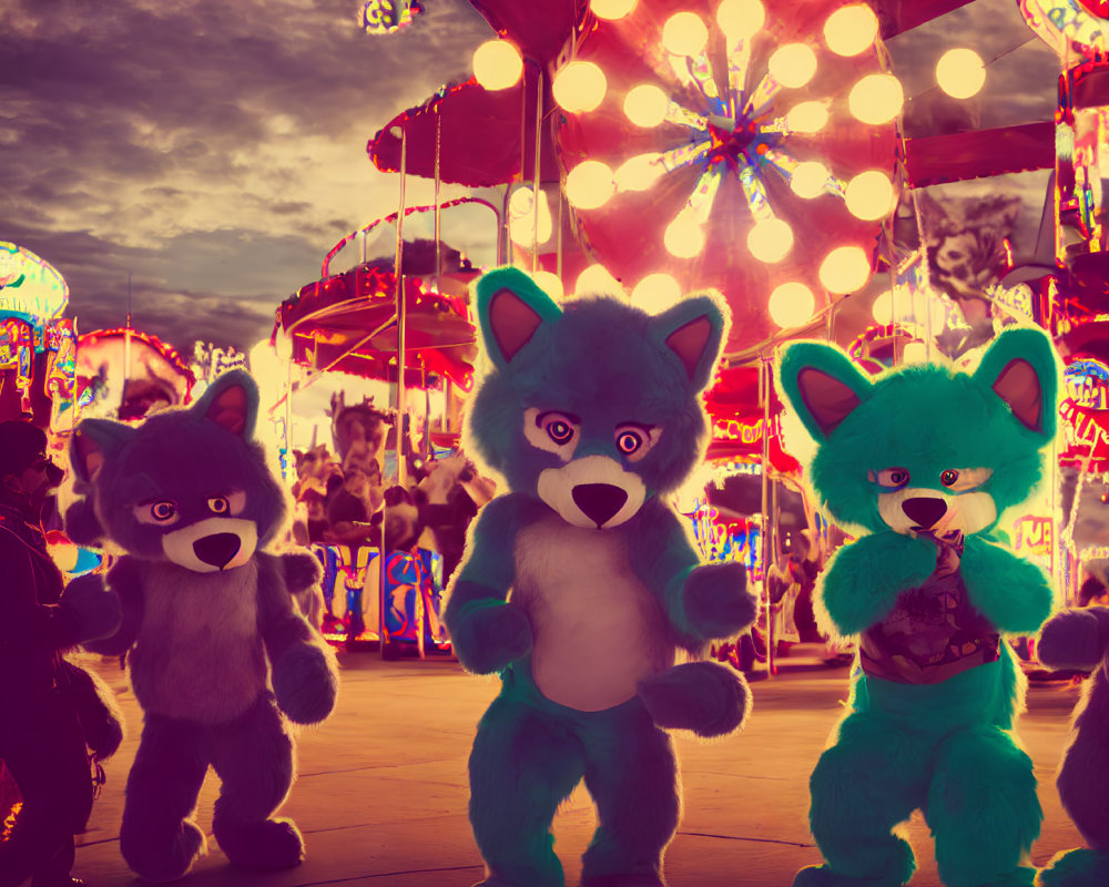 People in furry costumes at carnival with lit Ferris wheel at twilight