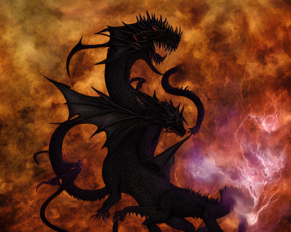 Black three-headed dragon with red eyes in fiery sky with purple clouds