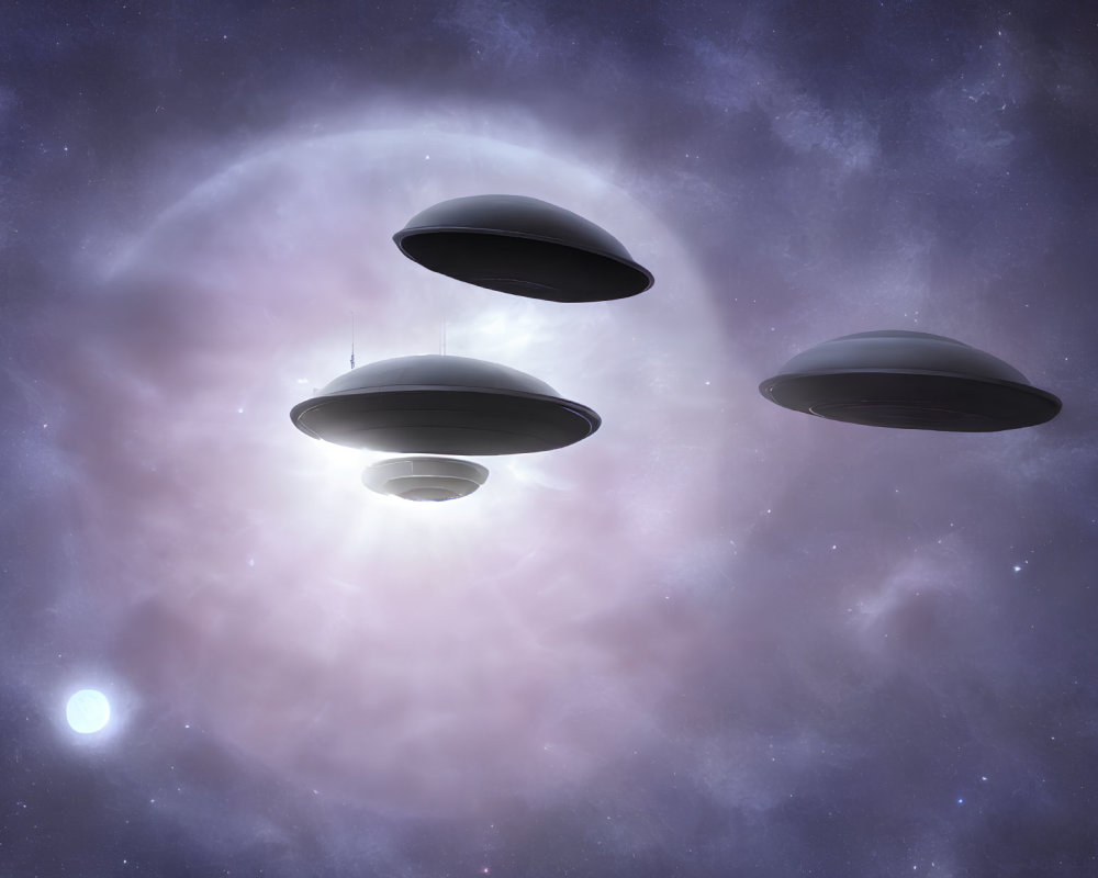 Three Flying Saucers in Starry Sky with Nebula and Celestial Body