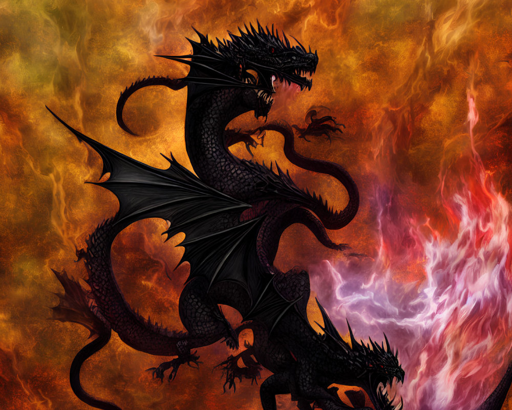 Black Two-Headed Dragon with Spikes, Wings, and Flames