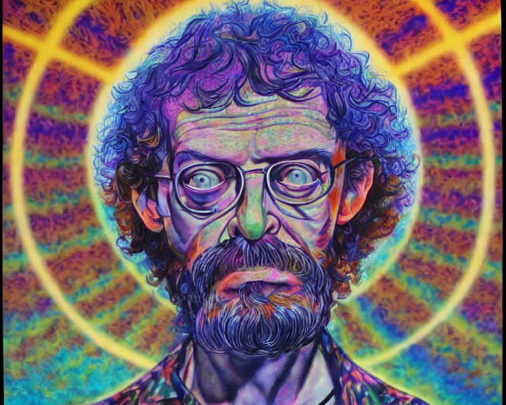 Colorful Psychedelic Portrait of Man with Curly Hair, Glasses, and Beard