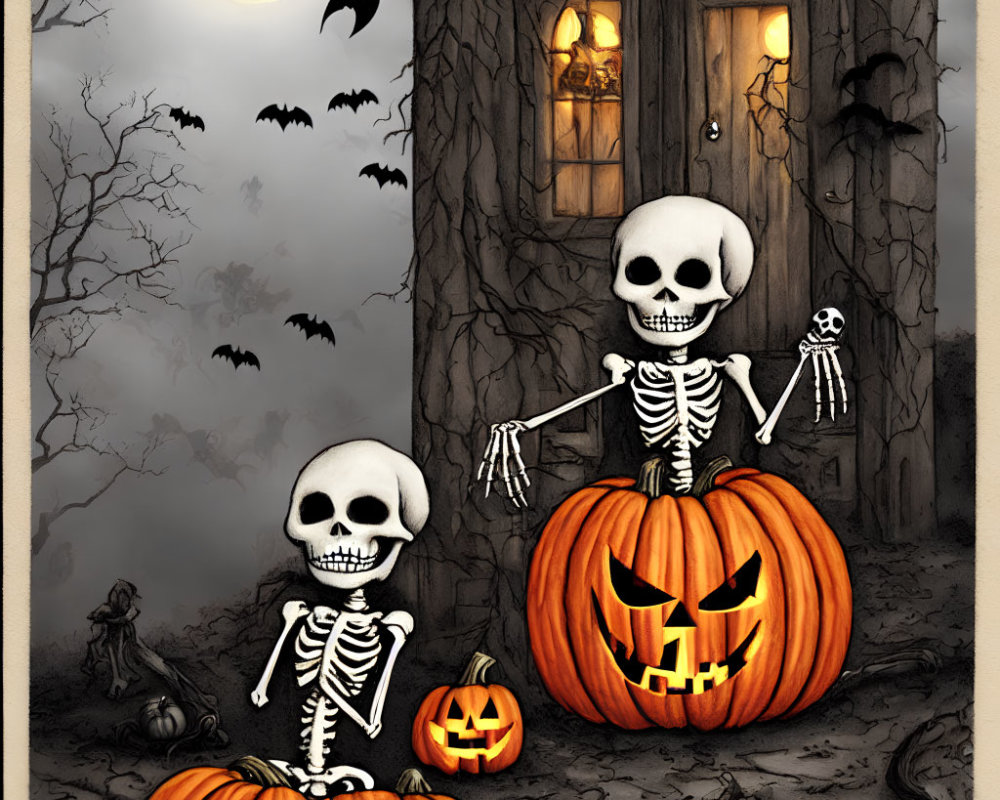 Skeleton Pumpkin Bodies and Spooky Setting with Bats and Full Moon