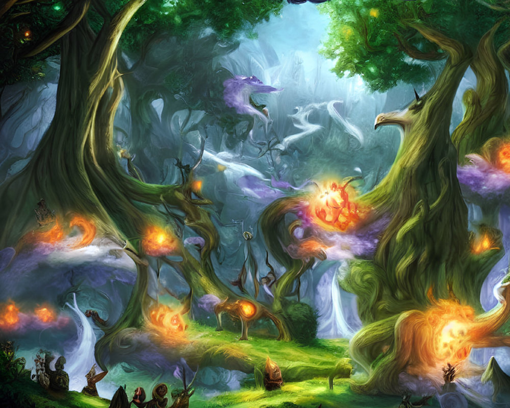 Mystical Enchanted Forest with Towering Trees and Cloaked Figures