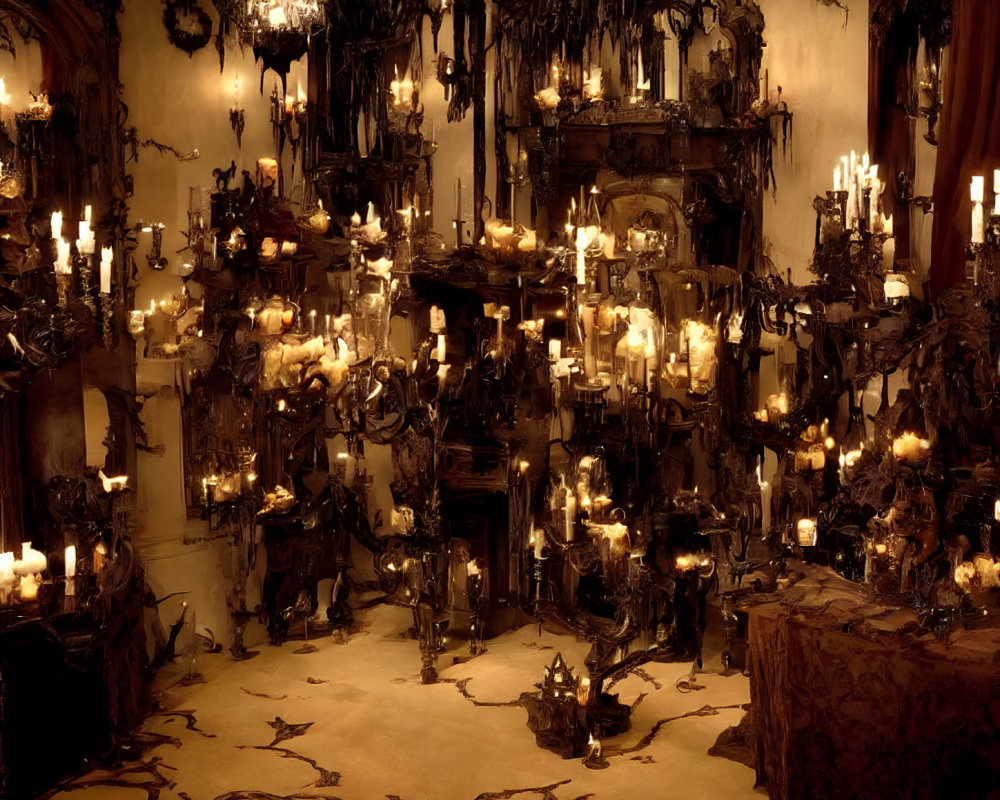 Eerie antique room with candles and baroque decor