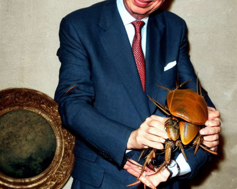 Man in suit holding large insect with pincers near portrait frame