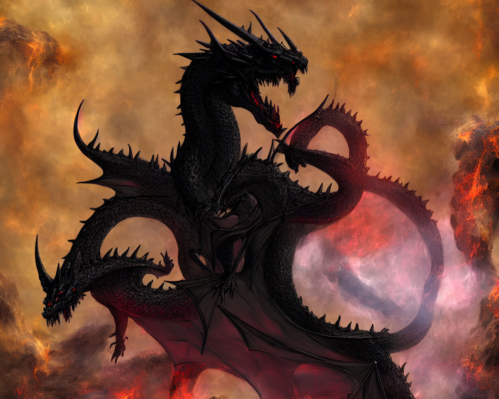 Black multi-headed dragon with red eyes in fiery scene