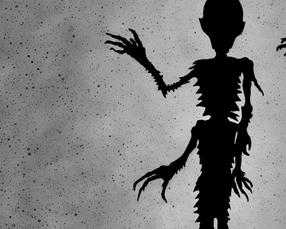 Alien figure silhouette with elongated limbs on grey background