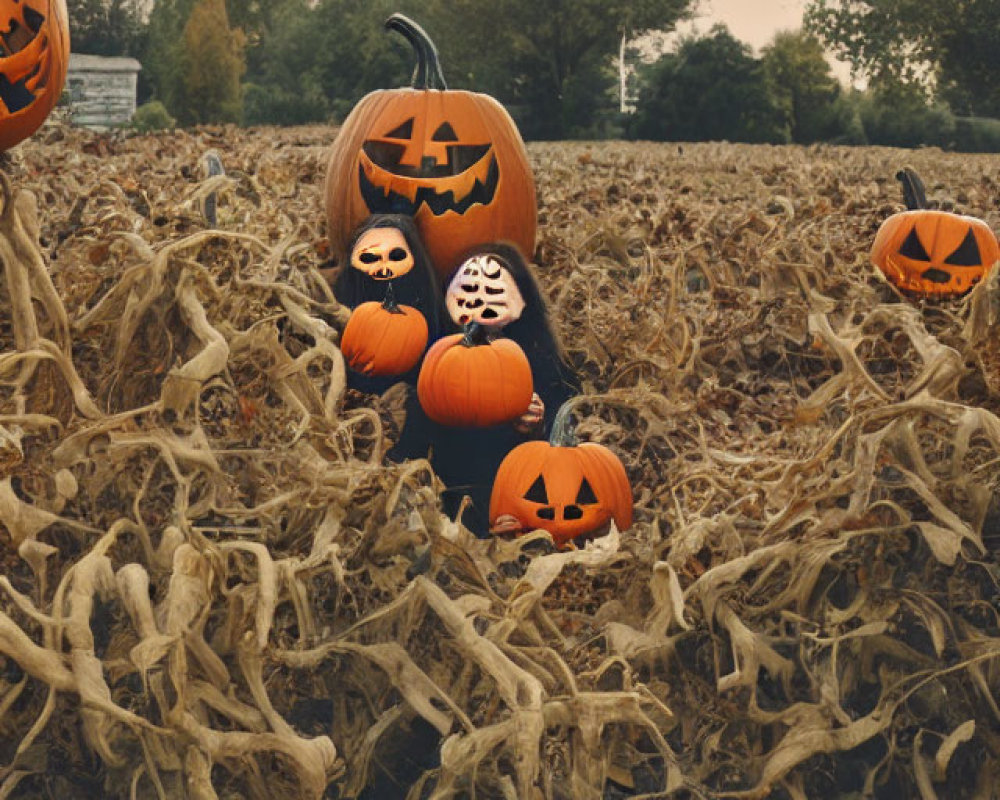 Field of Stacked Carved Pumpkins Under Overcast Sky