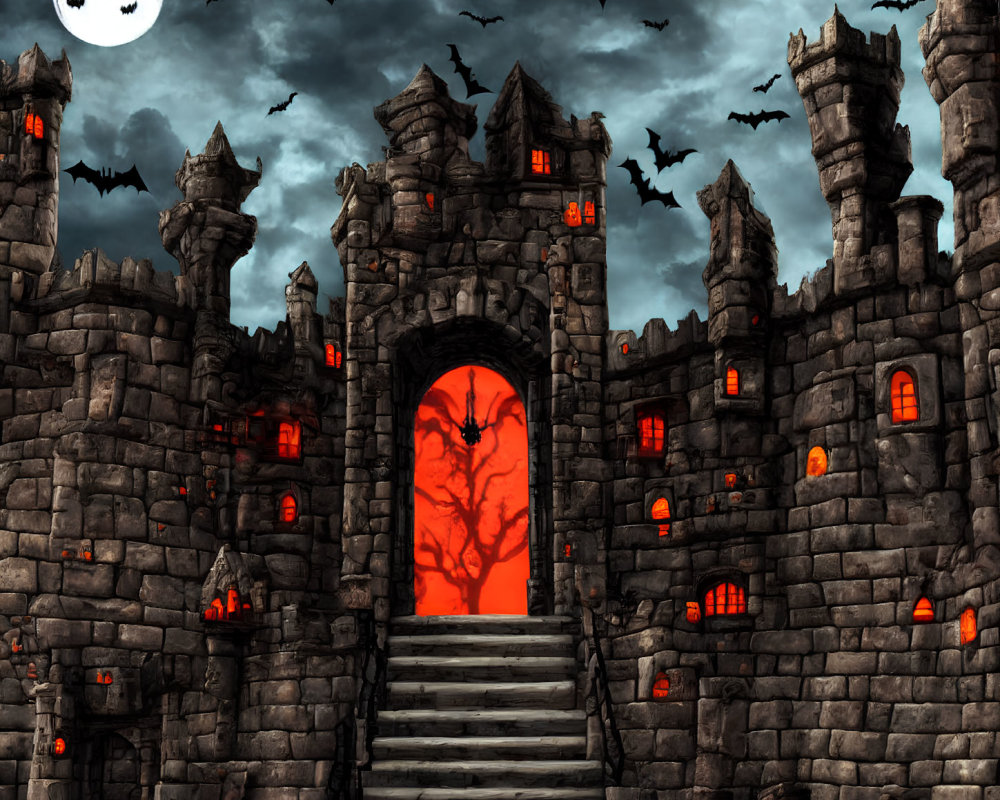 Spooky castle with red-lit entrance, bats, crescent moon