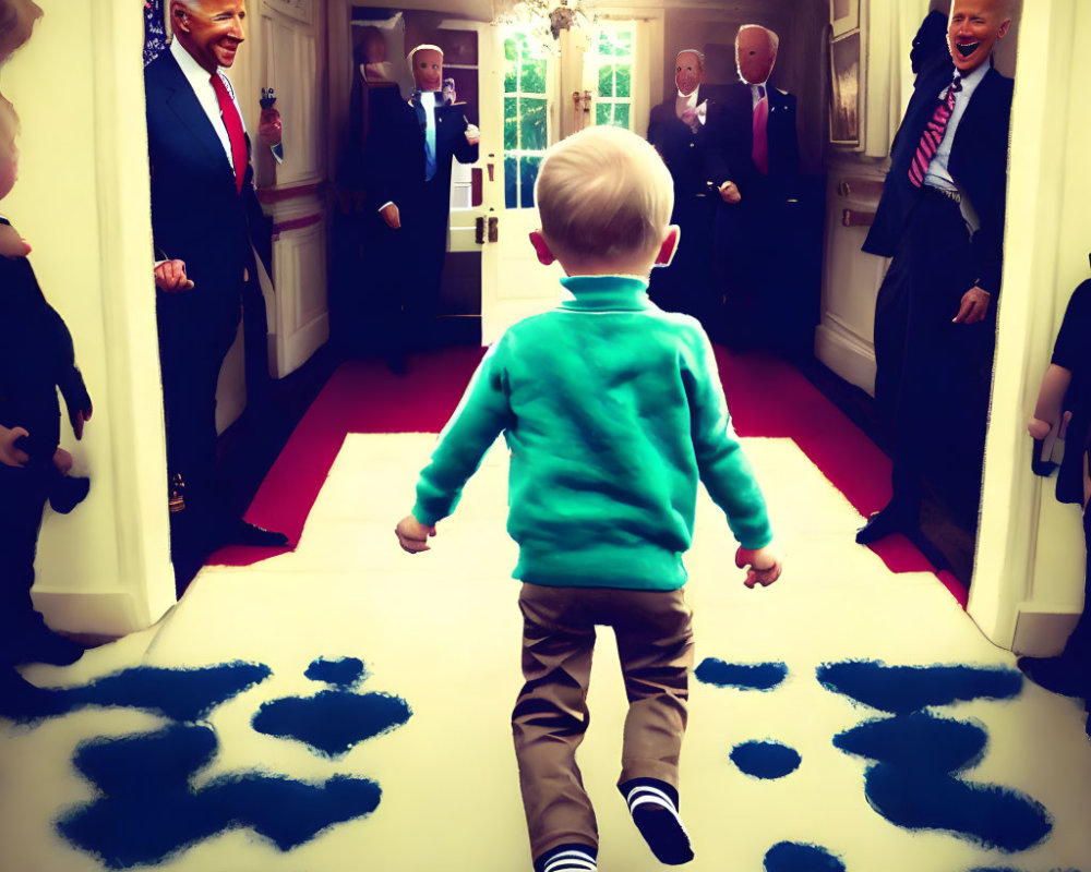 Toddler walking towards smiling man in suit surrounded by footprints