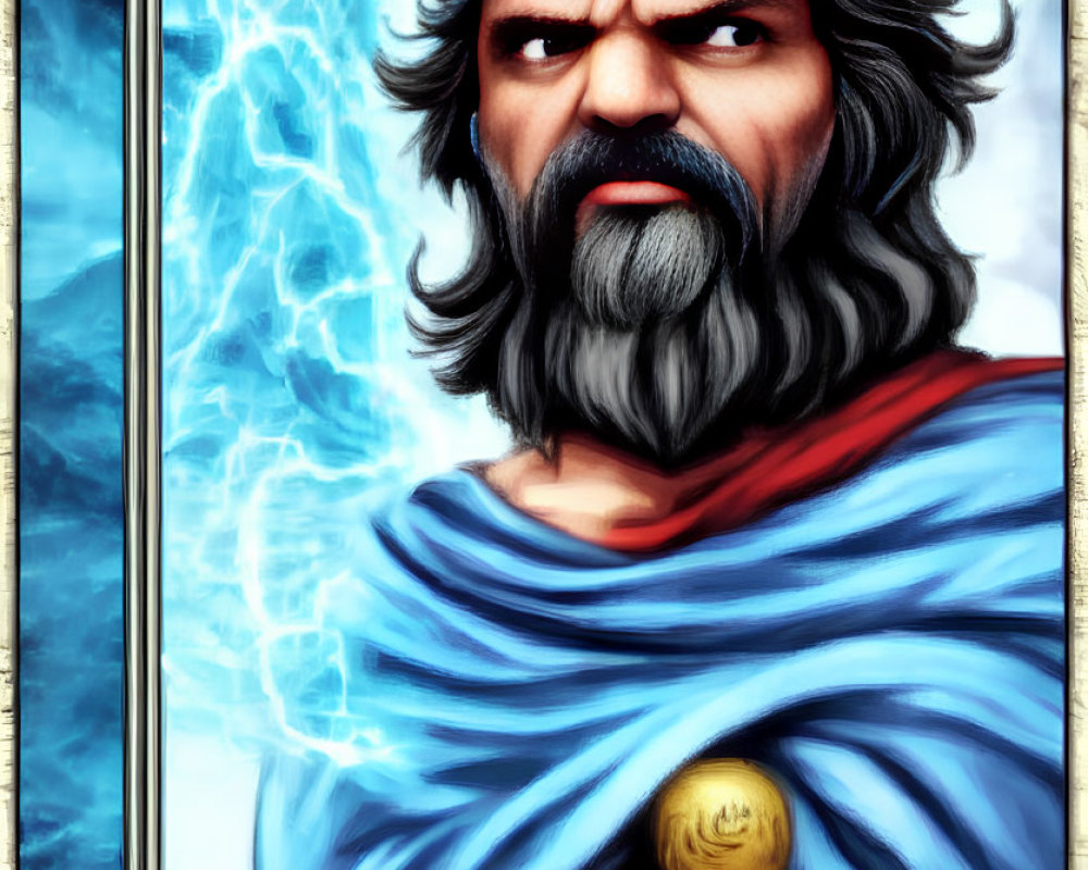 Detailed illustration of stern man with gray beard and blue cloak holding golden scepter.