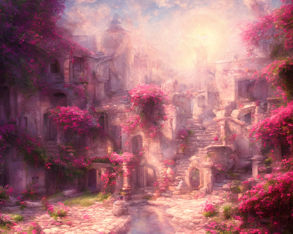 Pink-hued landscape with blossoming trees and ancient ruins in mysterious fog