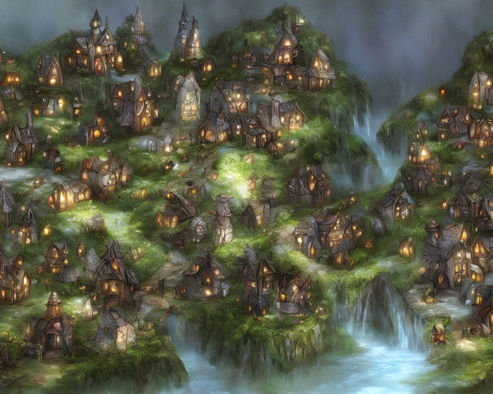 Rustic fantasy village on lush green hills with waterfalls & soft glow